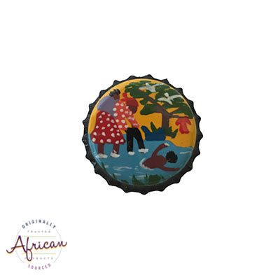 Painted Bottle Tops - Fridge Magnet: Family Swimming