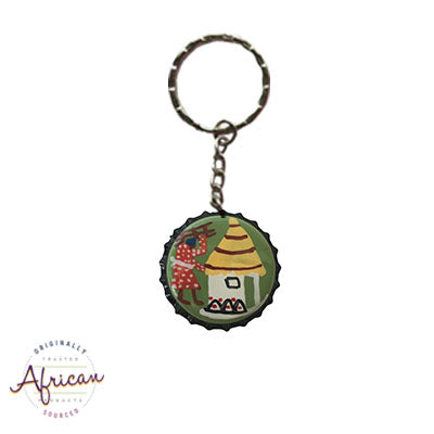 Painted Bottle Tops - Keyring: Lady by her Hut