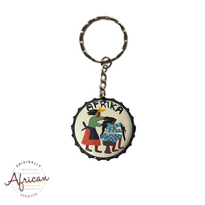 Painted Bottle Tops - Keyring: Lady doing hair braiding