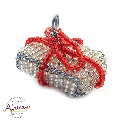 Beaded Christmas Present Decoration (Silver/Red)